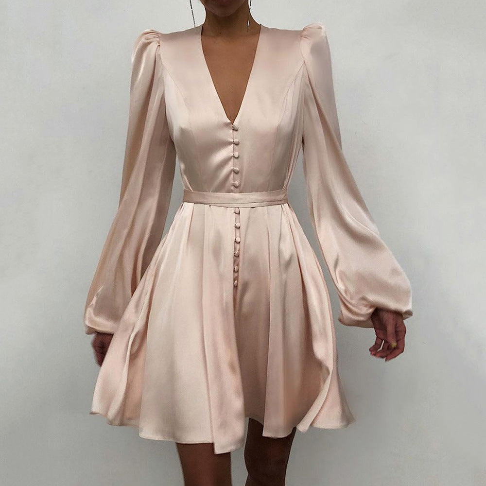 swvws  2021 Spring Satin Light Satin V-neck Elegant Slim Fit Dress Women's European and American New Design Sense Lantern Sleeve Skirt