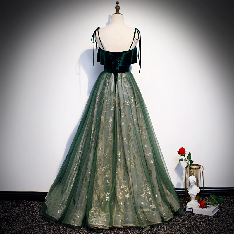 Tmallworld Custom Green Tulle and Velvet Straps Long Party Dress, Green Prom Dress for Kendel