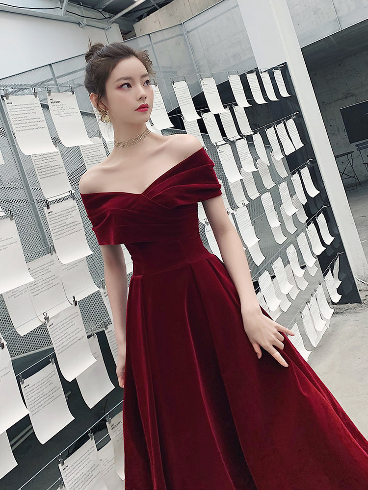 Tmallworld Elegant Velvet Burgundy Long Party Dress, A-line Evening Gown