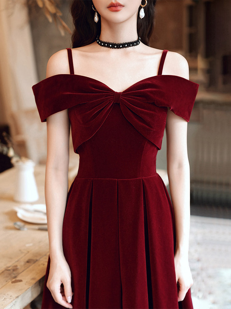 Tmallworld Wine Red Velvet Off Shoulder Long Evening Dress, Dark Red Party Dress Formal Dress