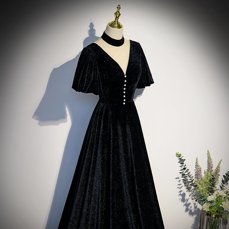 Tmallworld Long Velvet V-neckline Floor Length Prom Dresses, Black Evening Wedding Party Dresses