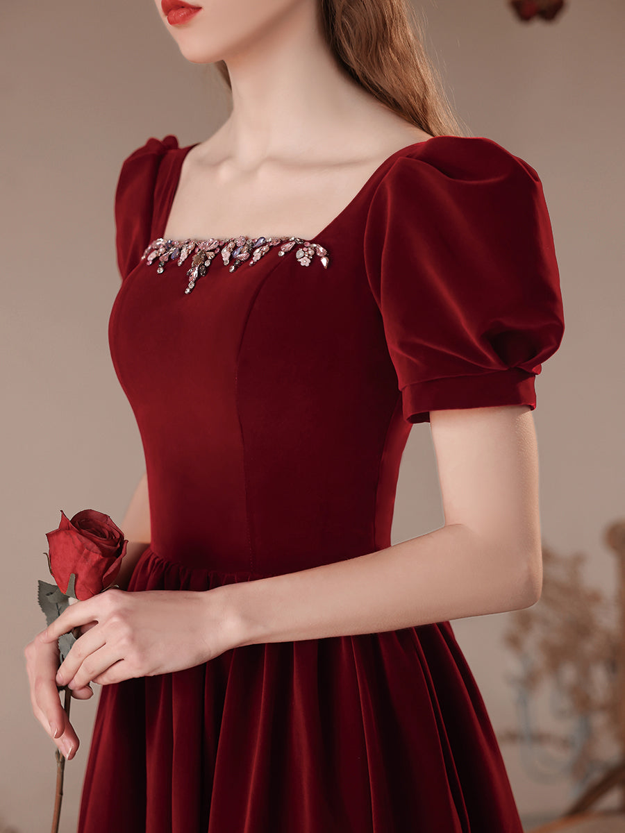 Tmallworld Wine Red Short Sleeves Velvet Long Party Dress, A-line Wine Red Formal Dress