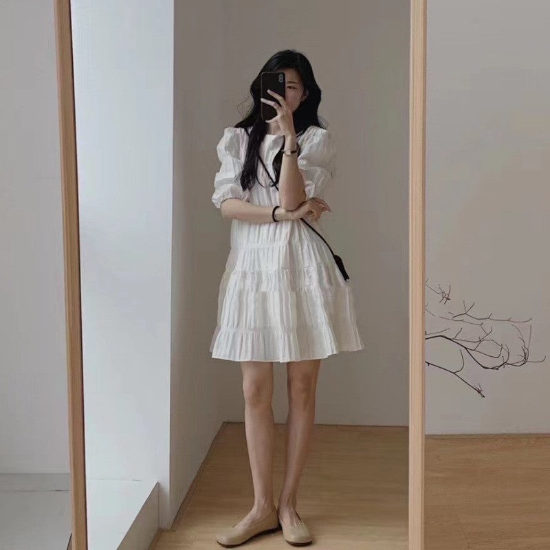 swvws  Summer  New Design Sense Niche Pleated Puff Sleeve  Dress Women's Summer Small Slim Skirt