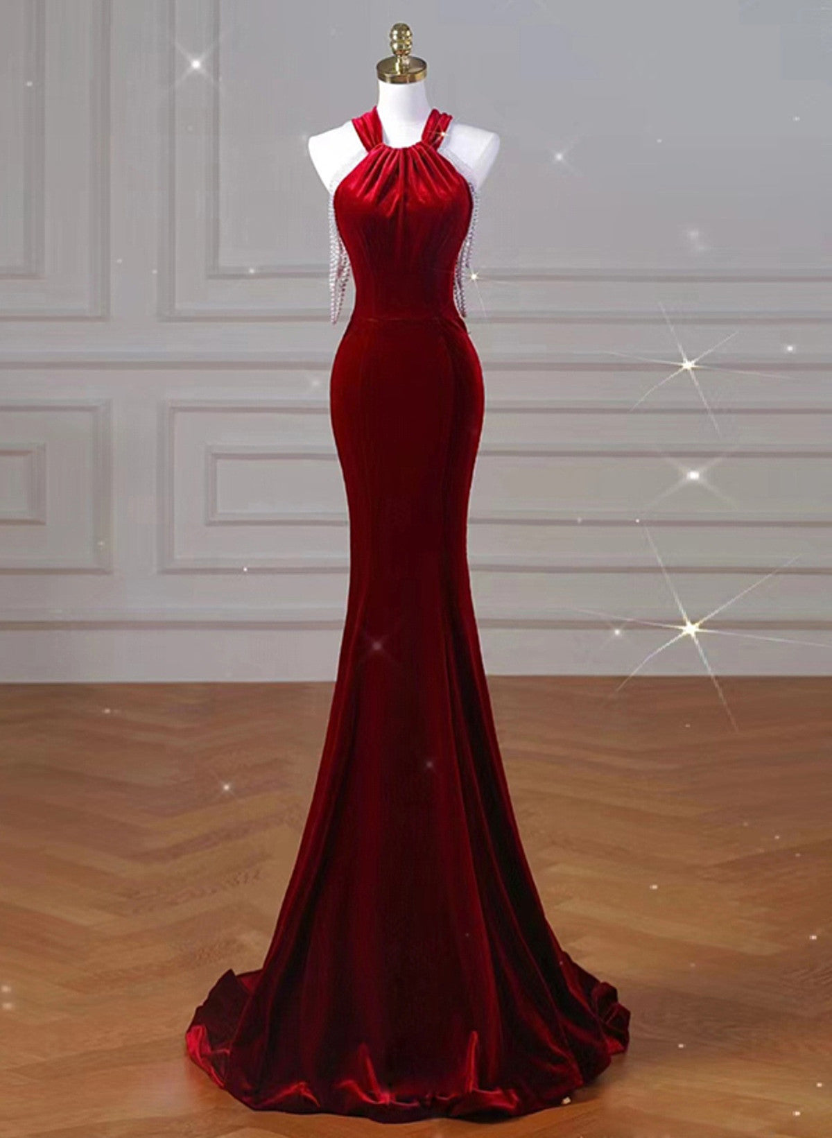 Tmallworld Wine Red Halter Backless Velvet Mermaid Party Dress, Wine Red Evening Dress Prom Dress