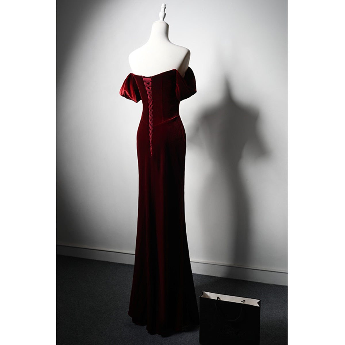 Tmallworld Wine Red Velvet Mermaid Off Shoulder Bridesmaid Dress, Wine Red Long Prom Dress