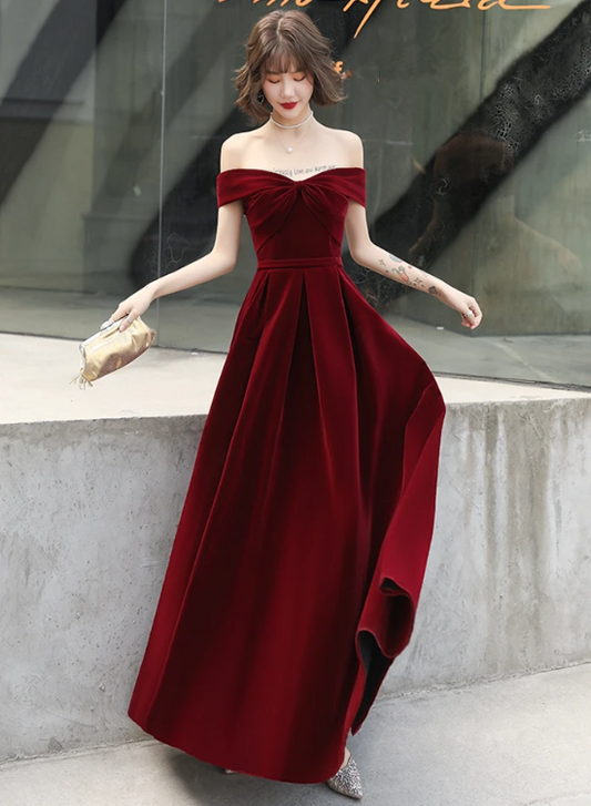 Tmallworld Beautiful Wine Red Off Shoulder Long Velvet Party Dress, Prom Dress