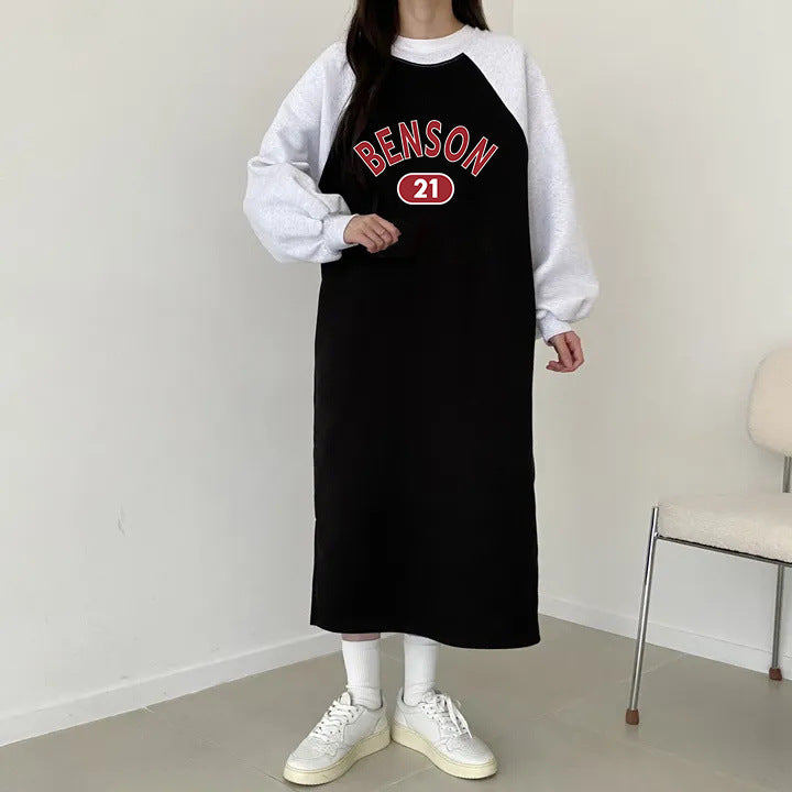 SWVWS 2025 Splicing medium and long T-shirt skirt fashionable versatile simple dress velvet cotton South Korea popular autumn and winter new women