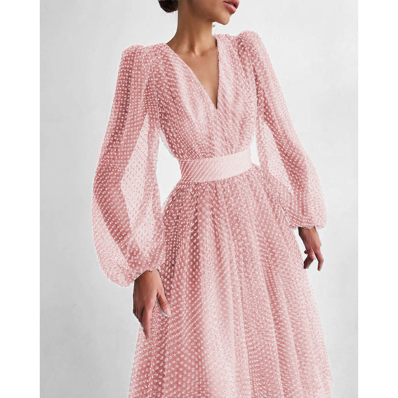 SWVWS Women Puff Sleeve Polka Dot Dress Elegant Lady Puff Sleeve Polka Dot Dress