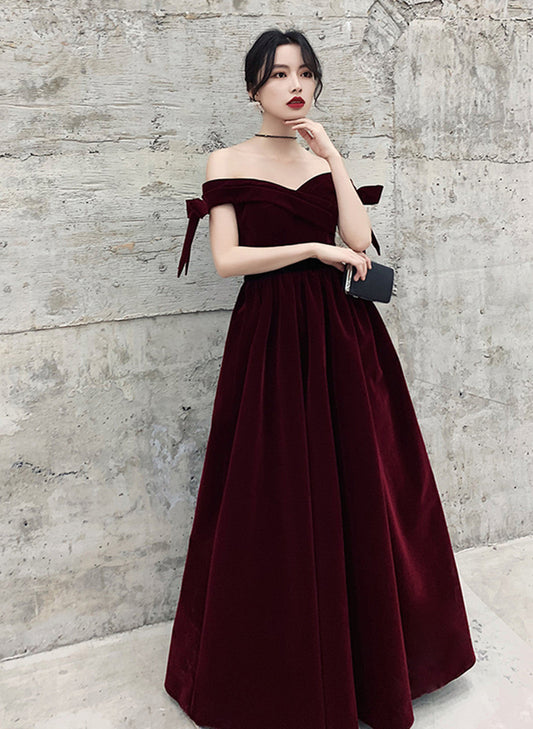 Tmallworld Wine Red Velvet Off Shoulder Party Dress, A-line Velvet Bridesmaid Dress Prom Dress