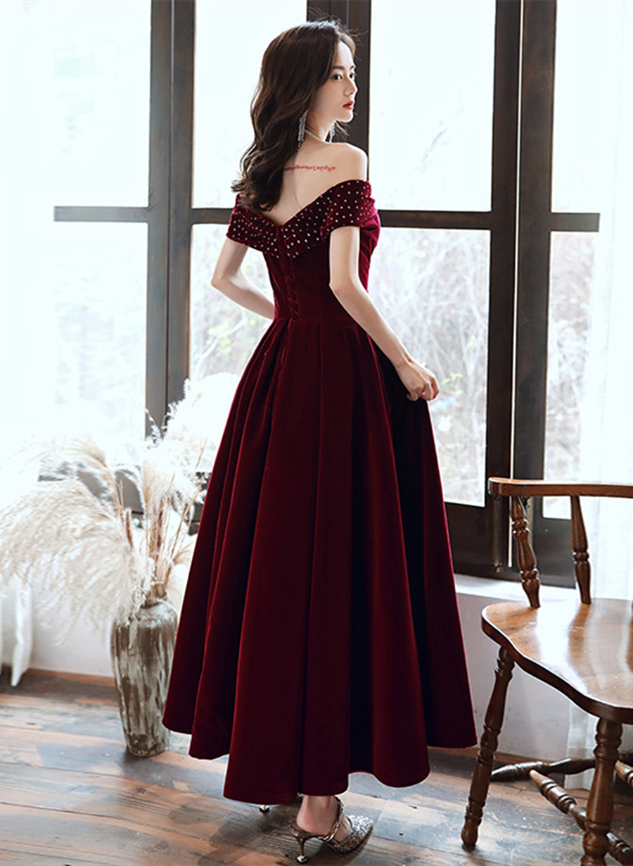 Tmallworld Burgundy Velvet Off Shoulder Long Wedding Party Dress, Burgundy Prom Dress