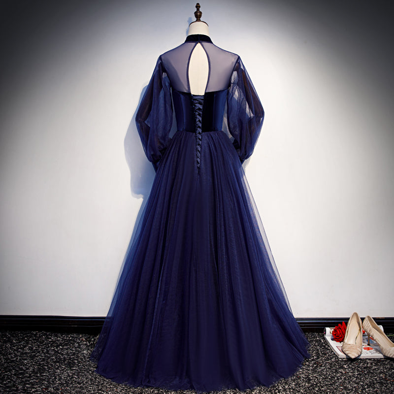 Tmallworld Navy Blue Velvet and Tulle A-line Long Sleeves Prom Dresses, Blue Bridesmaid Dresses