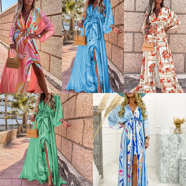 SWVWS Foreign Trade European and American Women's Clothing   Summer New Fashion Printing Loose Lace-up Elegant Big Hem Dress