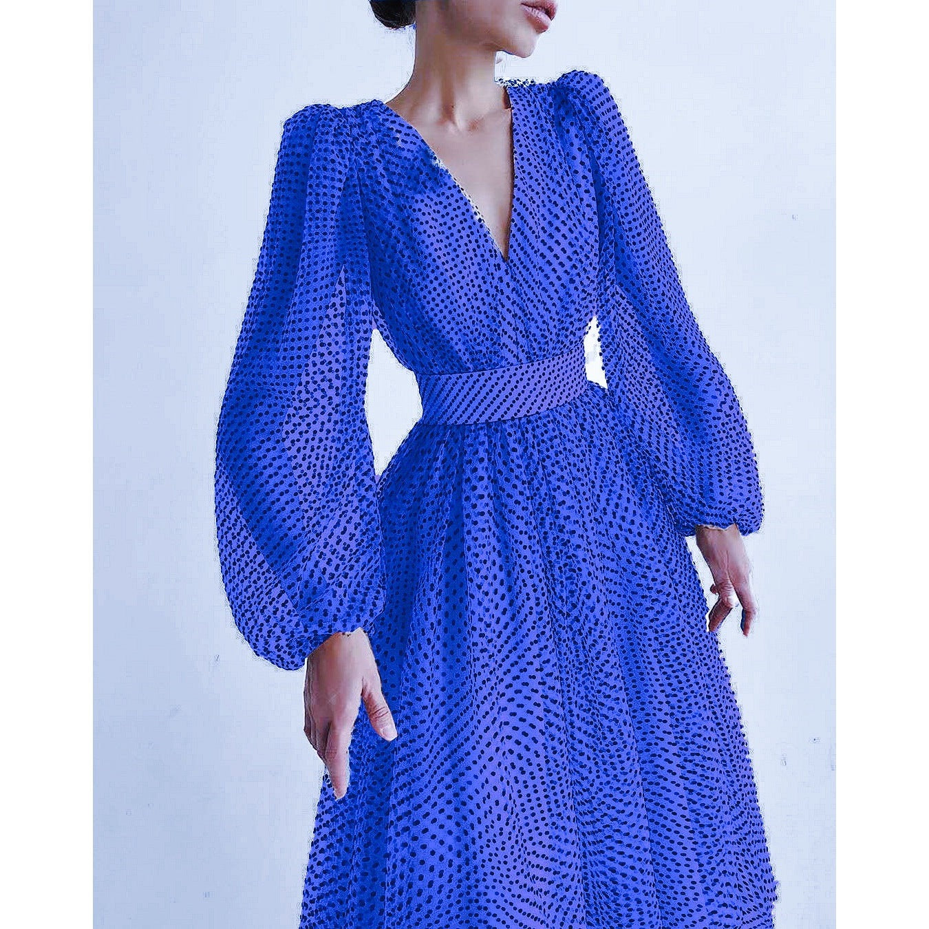 SWVWS Women Puff Sleeve Polka Dot Dress Elegant Lady Puff Sleeve Polka Dot Dress