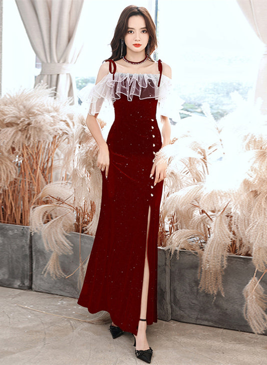 Tmallworld Wine Red Velvet Strapes Long Party Dress with Leg Slit, Wine Red Prom Dress