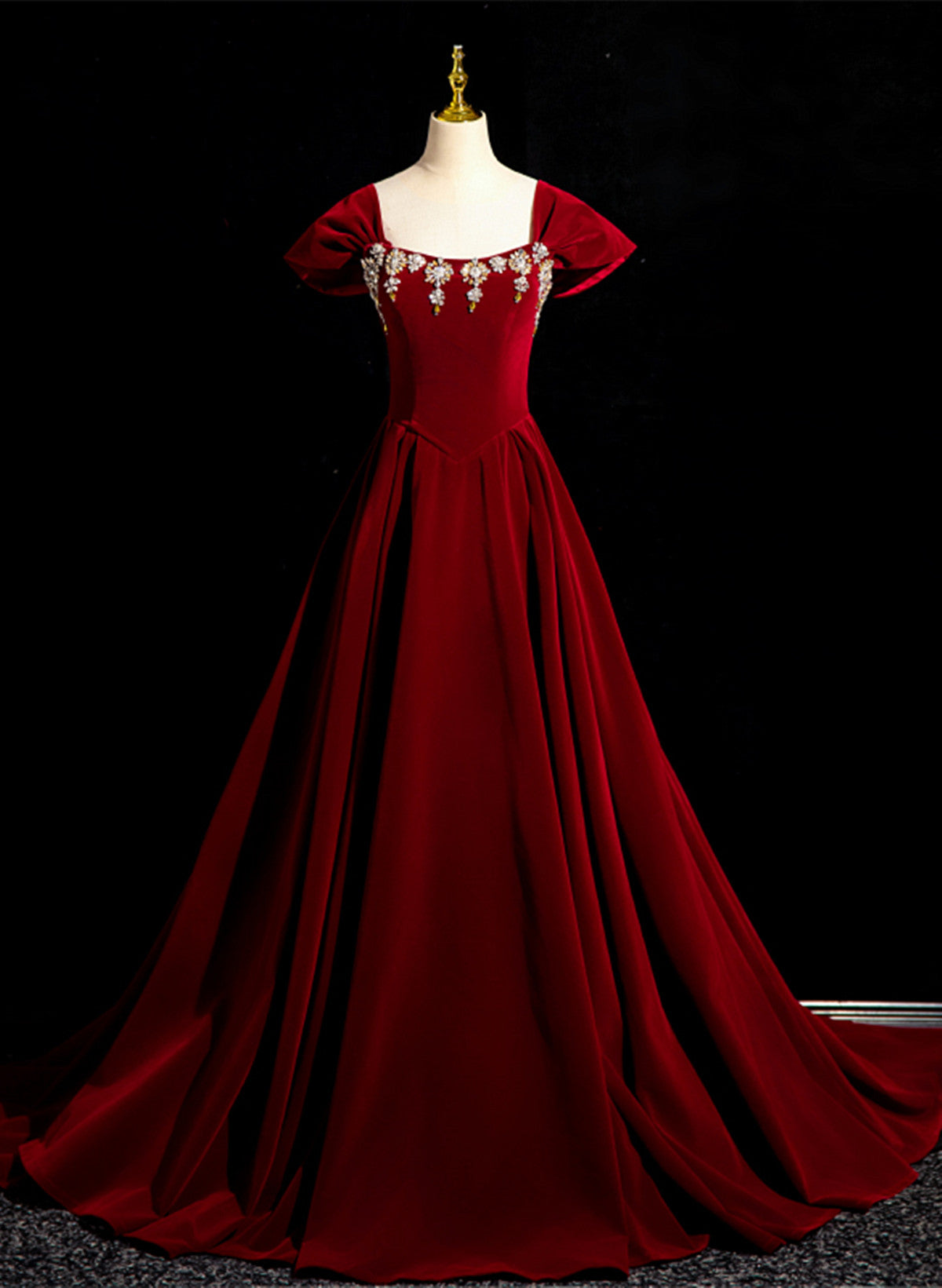 Tmallworld Wine Red Velvet Long Formal Dress with Beadings, Wine Red Prom Dress