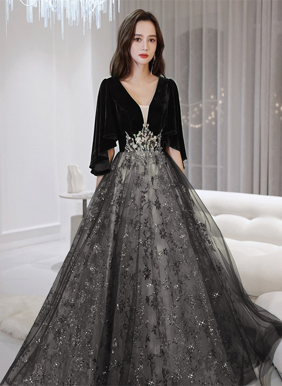 Tmallworld Black Velvet and Tulle Long Lace Party Dress, Black A-line Formal Dress