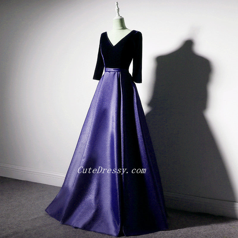 Tmallworld Purple Satin with Velvet Long Party Dress Formal Dress, Purple Evening Dresses