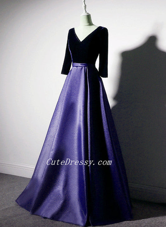 Tmallworld Purple Satin with Velvet Long Party Dress Formal Dress, Purple Evening Dresses