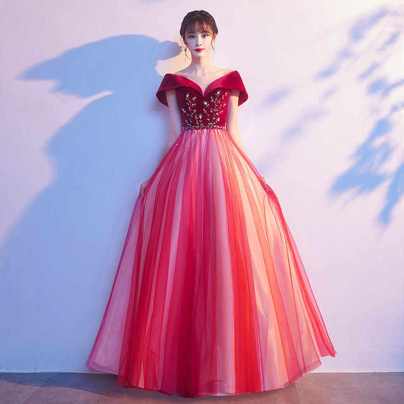 Tmallworld Red Tulle Velvet Top Beaded Off Shoulder Long Party Dress, A-line Red Prom Dresses