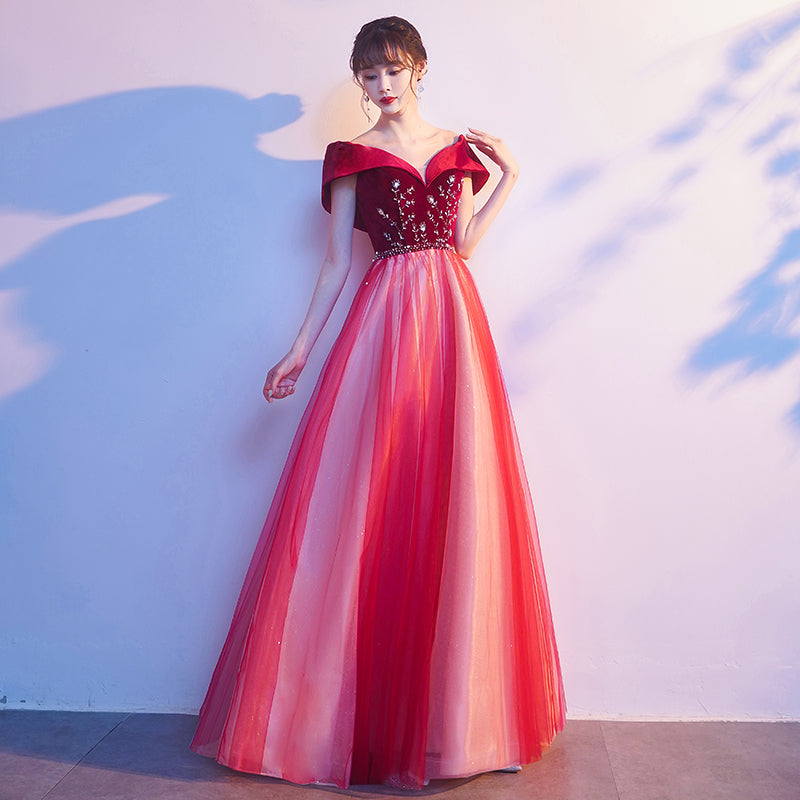 Tmallworld Red Tulle Velvet Top Beaded Off Shoulder Long Party Dress, A-line Red Prom Dresses