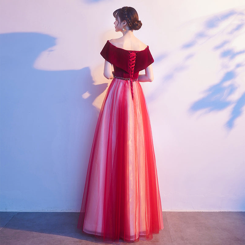 Tmallworld Red Tulle Velvet Top Beaded Off Shoulder Long Party Dress, A-line Red Prom Dresses