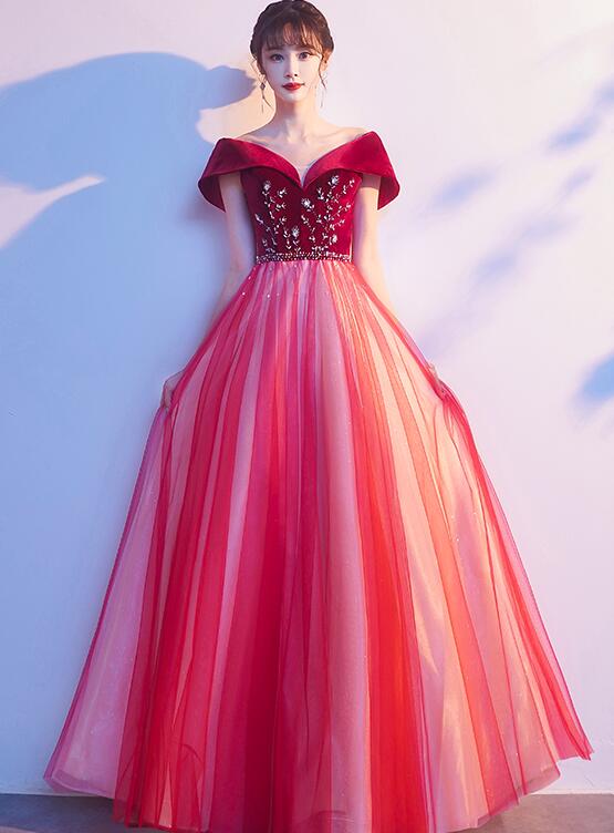 Tmallworld Red Tulle Velvet Top Beaded Off Shoulder Long Party Dress, A-line Red Prom Dresses