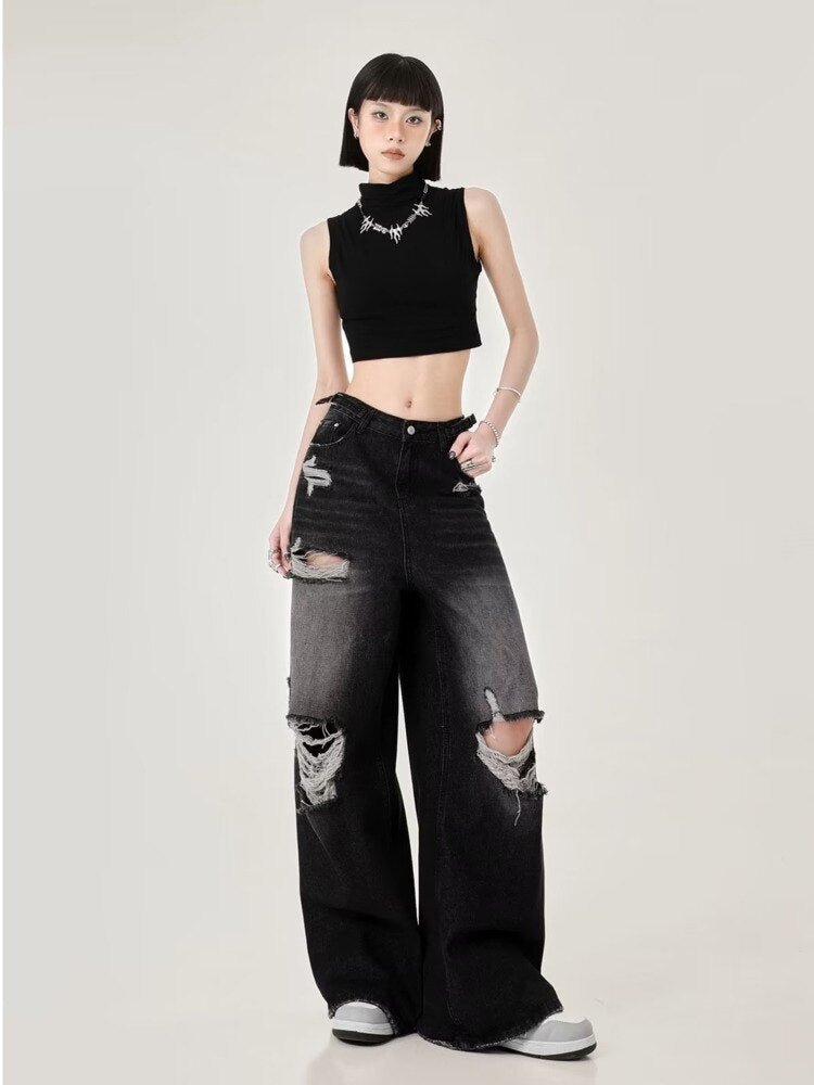 swvws High Street Perforated Jeans Women's Summer New INS Fashion Brand Straight Tube Loose Sweeping Wide Leg Pants Women's Jeans