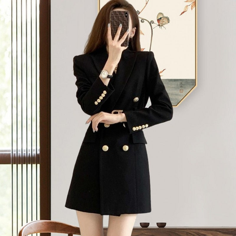 swvws  Spring Temperament Women's V Neck Long-Sleeved Double-Breasted  Long  Mini Dress