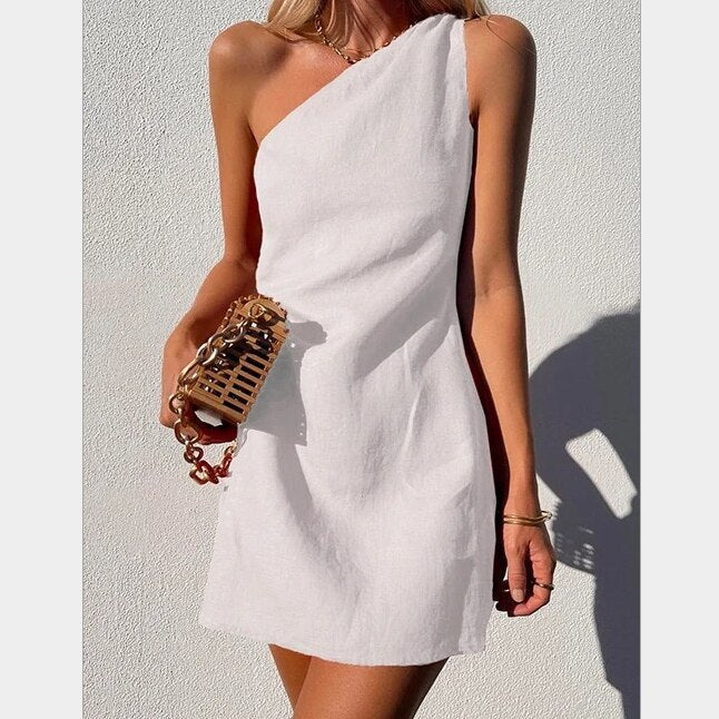 swvws Elegant And Fashionable Summer One-Shoulder Asymmetric Diagonal Collar Cotton And Linen Casual Loose Comfortable Mini Dress