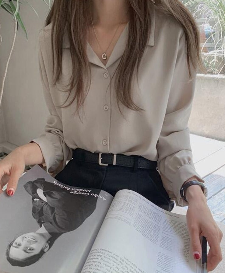 swvws  White Shirts Long Sleeve Single Breasted Button Elegant Office Lady V Neck Work Blouse Women Chic Korea Top