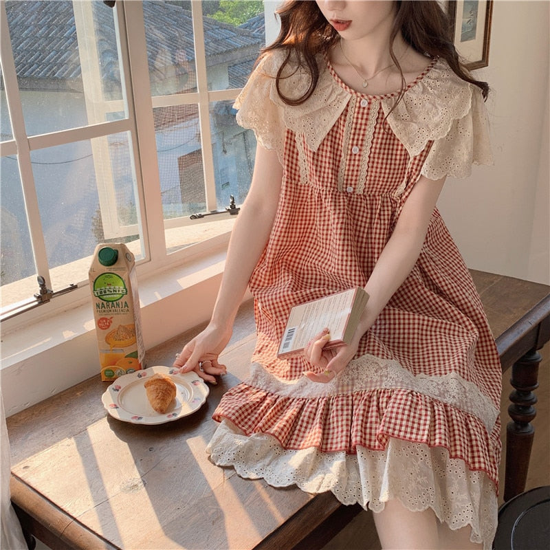 swvws Plaid Retro Elegant Casual NightDress Soft Ruffles Sweet Simple Summer O-Neck Princess Long Sleepwear Cotton Lace Short sleeve