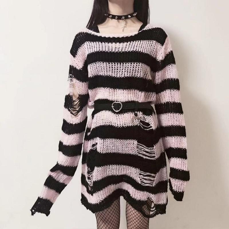 swvws Punk Gothic Sweater Emo Tops E-Girls Mall Goth Pullovers Y2k Harajuku Grunge Clothes Alt Dark Aesthetic Striped Jumpers