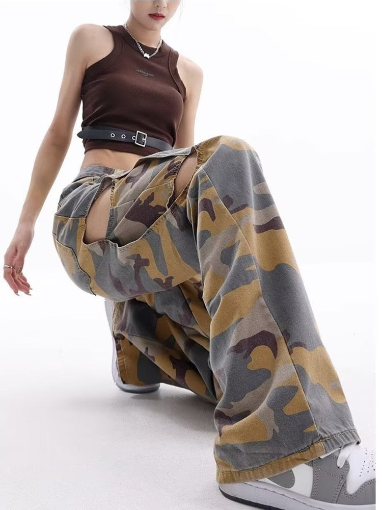 swvws Loose Splashed Ink Speaker Camouflage Pants Trendy Hip-hop Vintage Versatile Work Clothes Pants Wide Leg Pants Women's Jeans