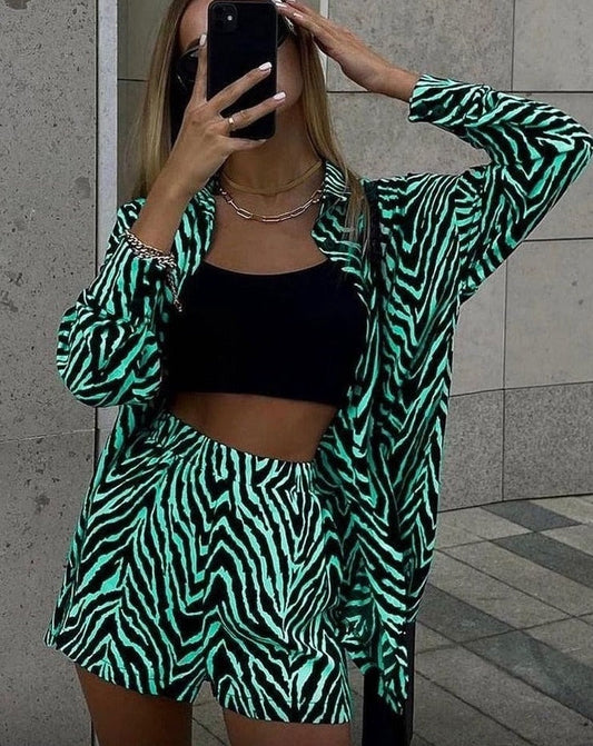 swvws Women Zebra Shorts Suits Casual Long Sleeved Button Up Top Shirts+ High-Waisted Mini Shorts 2 Pieces Sets Streetwear