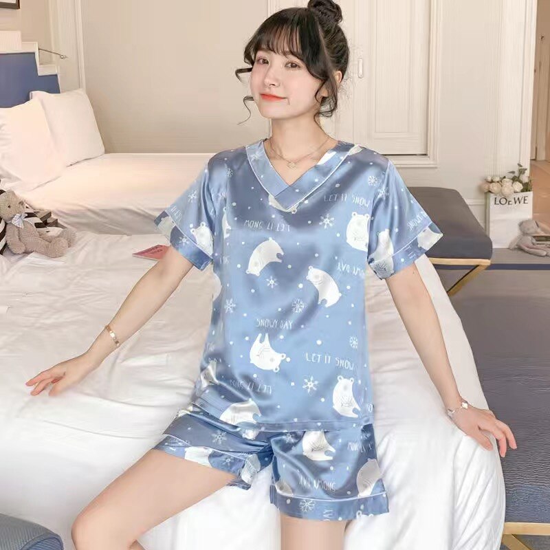 swvws Pajamas Women's Summer Silk V-Neck Short-Sleeved Two-Piece Suit Students Sweet And Cute Ice Silk Home Clothes Women