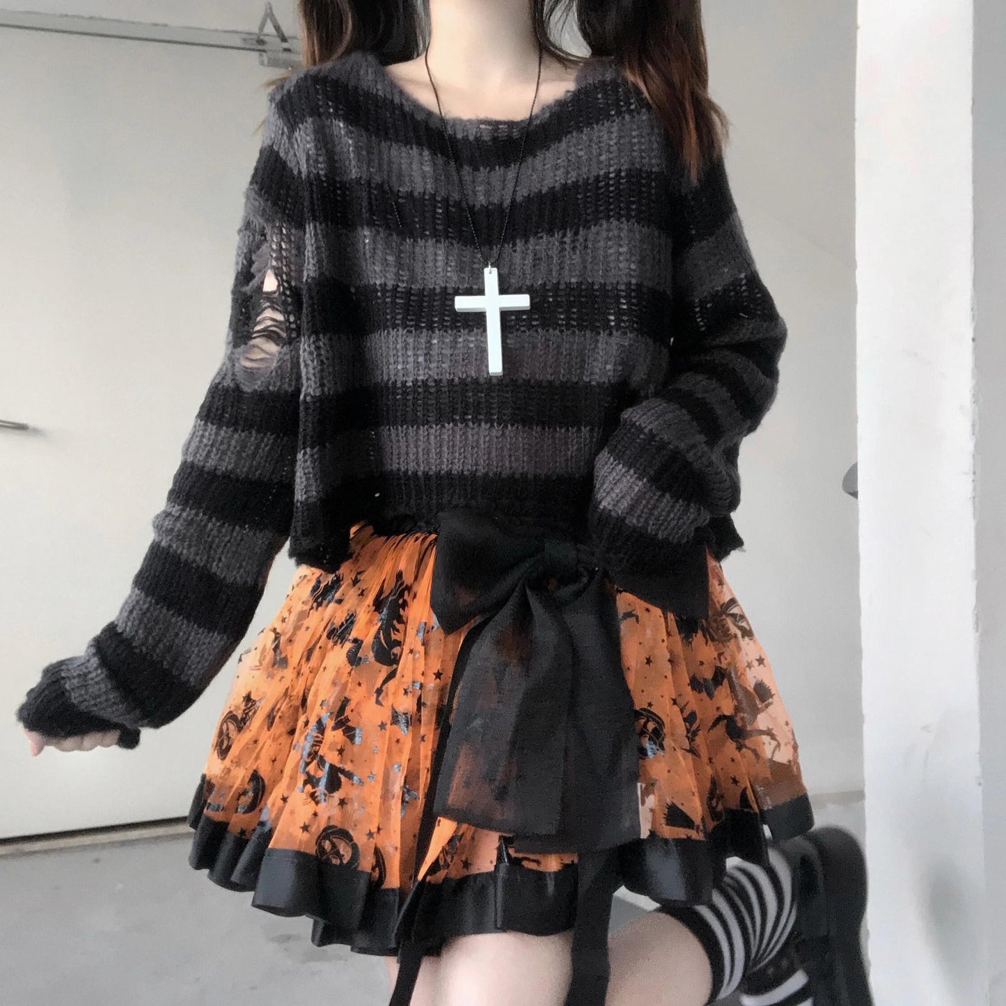 swvws Punk Gothic Sweater Emo Tops E-Girls Mall Goth Pullovers Y2k Harajuku Grunge Clothes Alt Dark Aesthetic Striped Jumpers