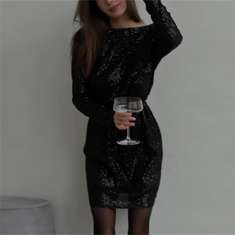 swvws Sequins Women Long Sleeve Belt Mini Party Dress Loose O-Neck Ladies Solid Bling Fashion Vestidos  New Year Formal Dresses