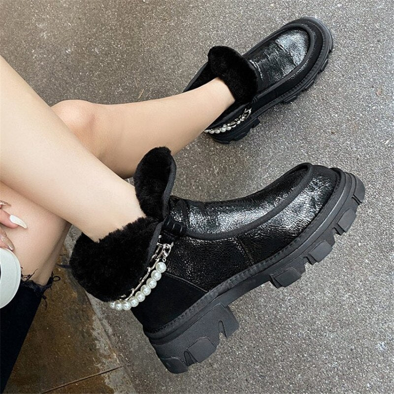 swvws  fashion inspo    New Winter Warm Women's Ankle Boots Pearl Chain Thick Bottom Snow Boots Fashion Women's Boots Wool Fur Boots Youth Boots