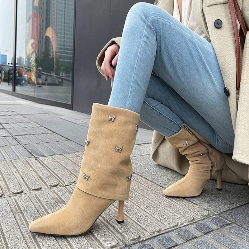 swvws Autumn Shoes     Autumn Boots Women Cow Suede Leather Shoes for Women Square Toe Trouser Boots Bow-knot Thin Heel Shoes Black Western Boots