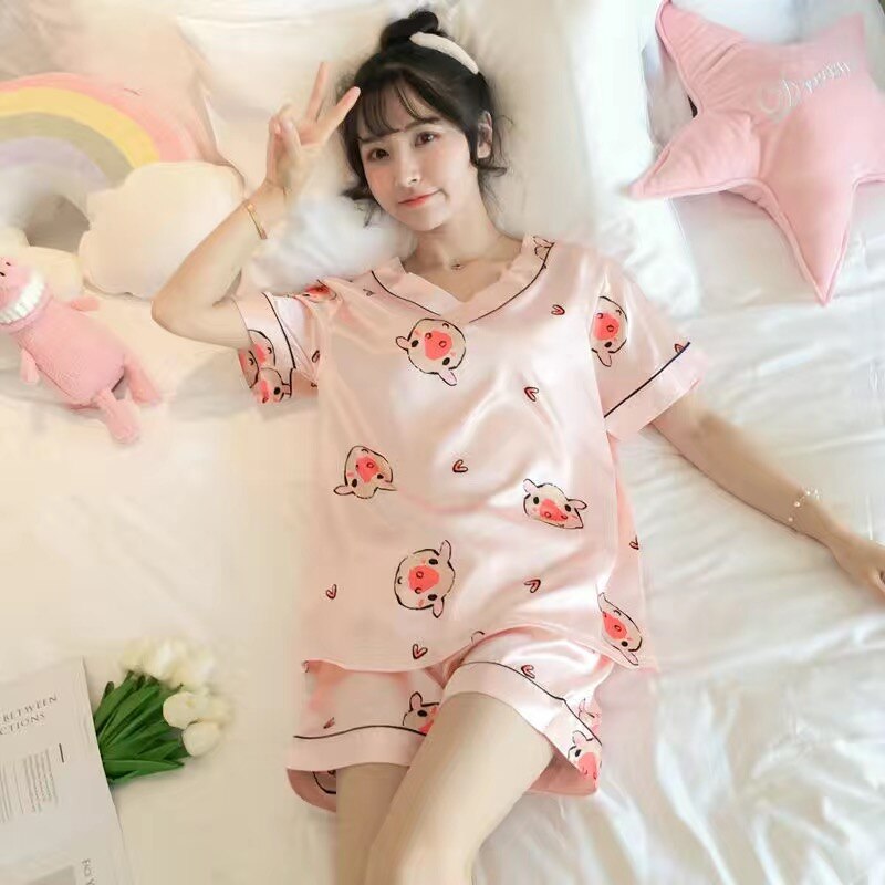 swvws Pajamas Women's Summer Silk V-Neck Short-Sleeved Two-Piece Suit Students Sweet And Cute Ice Silk Home Clothes Women