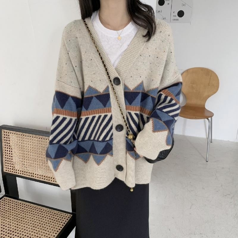 swvws  Jacquard Knitted Cardigan Lazy Style Loose Outer Jacket V-Neck Jumper Button-Up All-Match Female Loose Top Autumn Winter