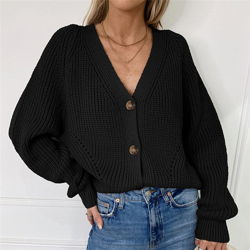 swvws Women Fashion Oversized V-Neck Button Solid Knitwear Outwear Cardigans Autumn New Casual Batwing Sleeve Knitted Sweater Female