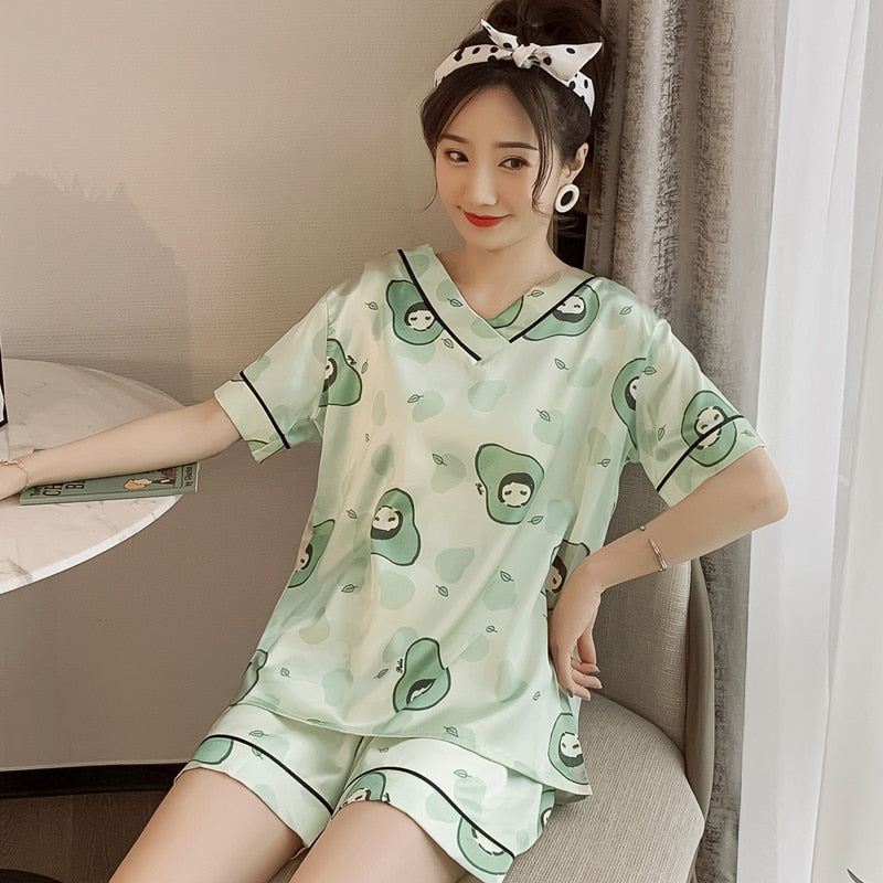 swvws Women's Summer Thin Ice Silk Pajamas Short-Sleeved Korean Version Cute Silk Student Cartoon Home Clothes Two-Piece Suit