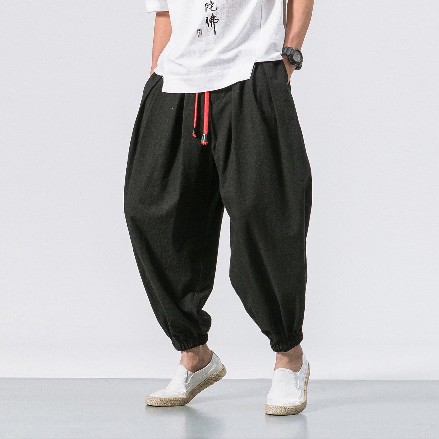 swvws Mens Vintage Hip Hop Style Baggy Jeans New Chinese Style Harem Pants Men Streetwear Casual Joggers Mens Pants Cotton Linen Sweatpants Ankle-Length Men Trousers M-5XL