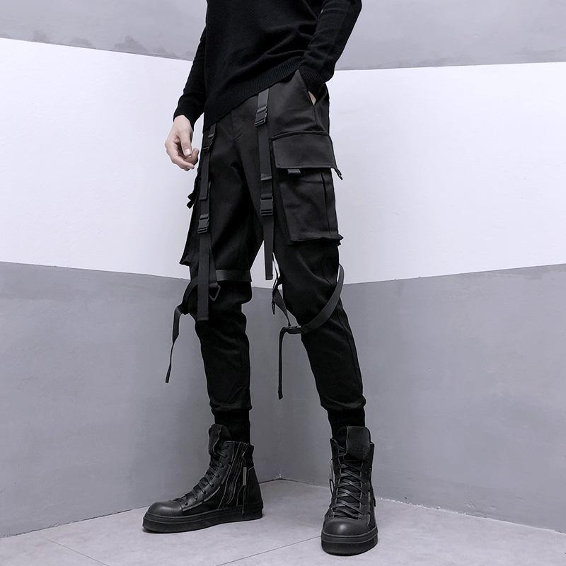 swvws Back To School  Black Cargo Pants For Men Cargo Trousers Male Japanese Streetwear Hip Hop Spring Ribbon Pocket Harajuku Fashion