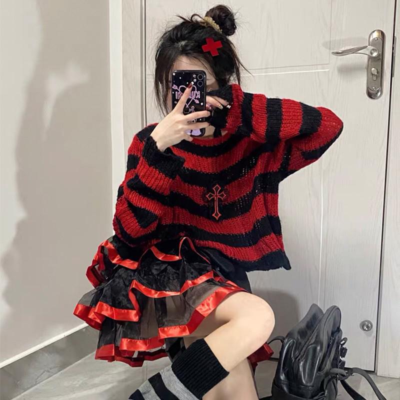 swvws Pink Striped Gothic Sweaters Women Ripped Holes Loose Knitted Pullover Frayed Fairy Grunge Jumpers Emo Streetwear Lolita