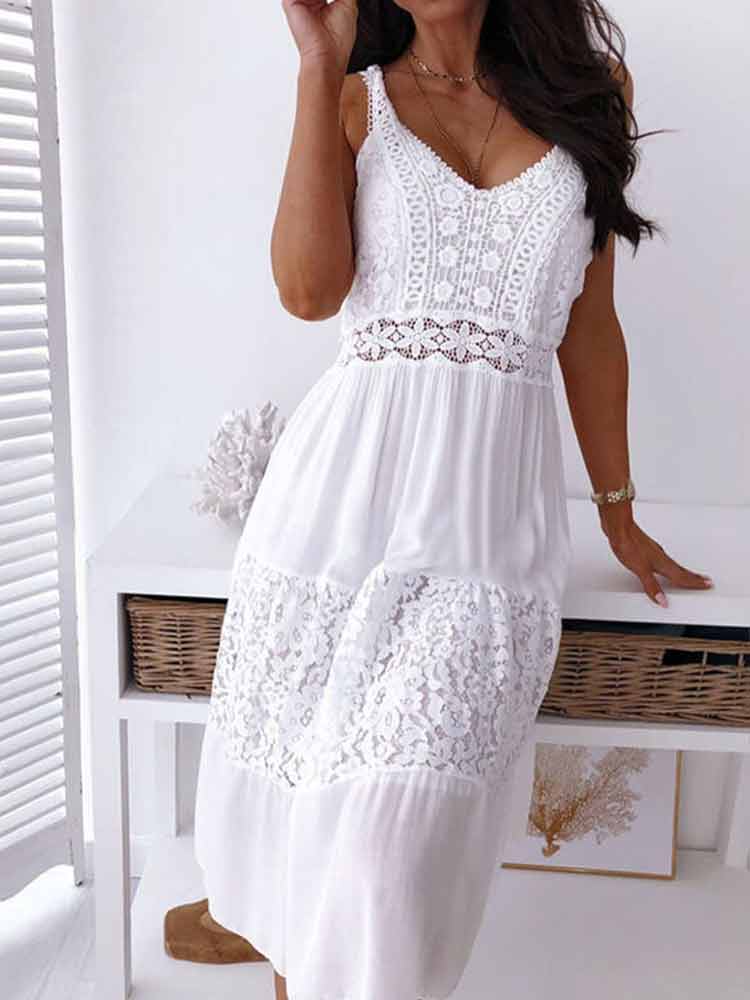 swvws Sexy Backless Midi Dress Women Summer Spaghetti Strap Boho Dress Fashion White Lace Patchwork Casual Beach Sleeveless Dresses