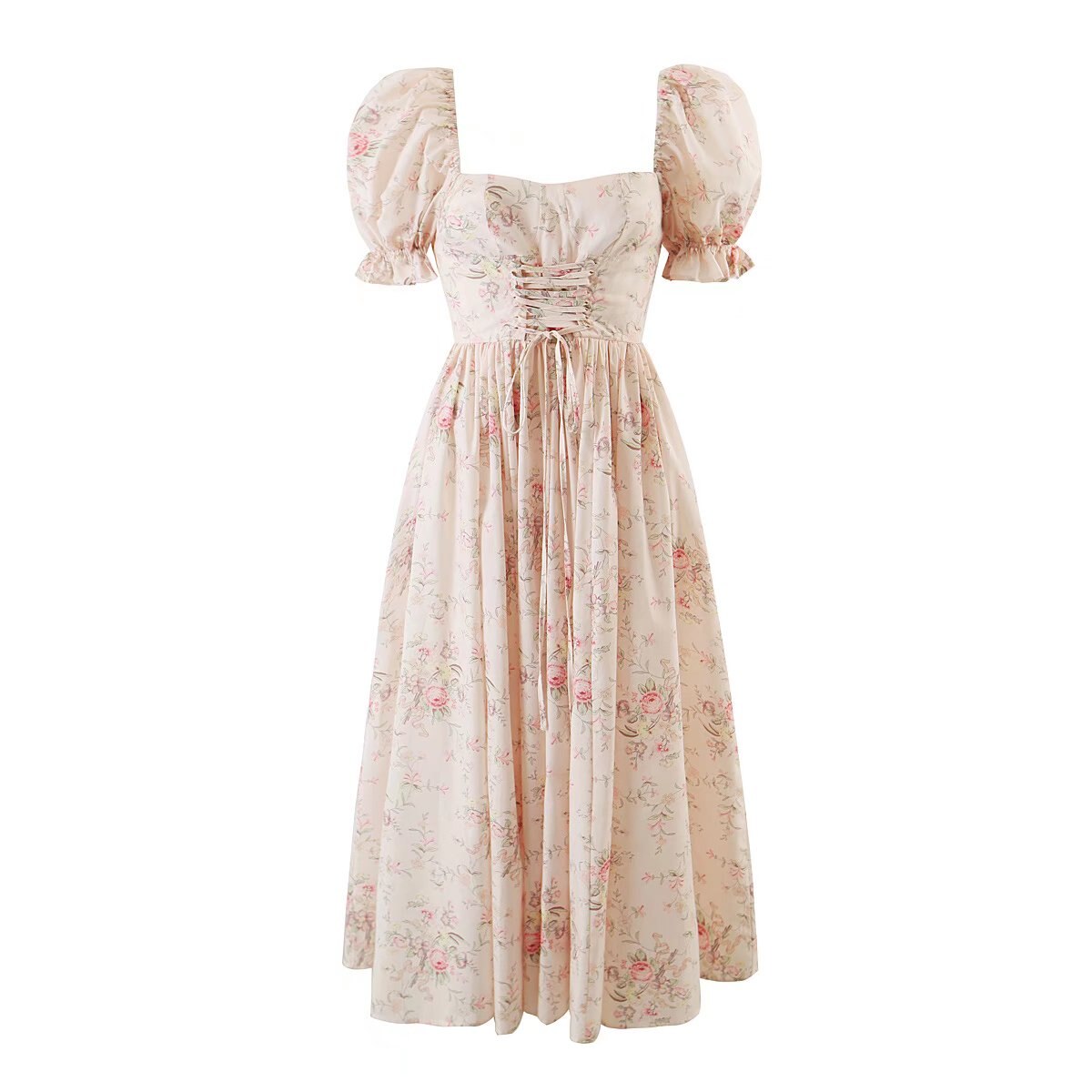 Summer Women Front Lace Up Floral Print Long Dress Elegant Square Neck Female Big Swing Holiday Party Dresses Prairie Chic Robe