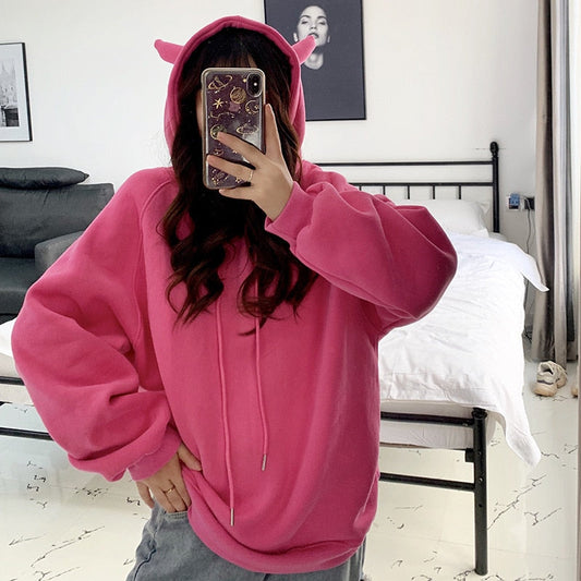 swvws Women Plus Velvet Warm Loose Harajuku Hoodies  Spring Devil Horn Hooded Sweatshirt Female All-Match Cute Pullovers Tops New