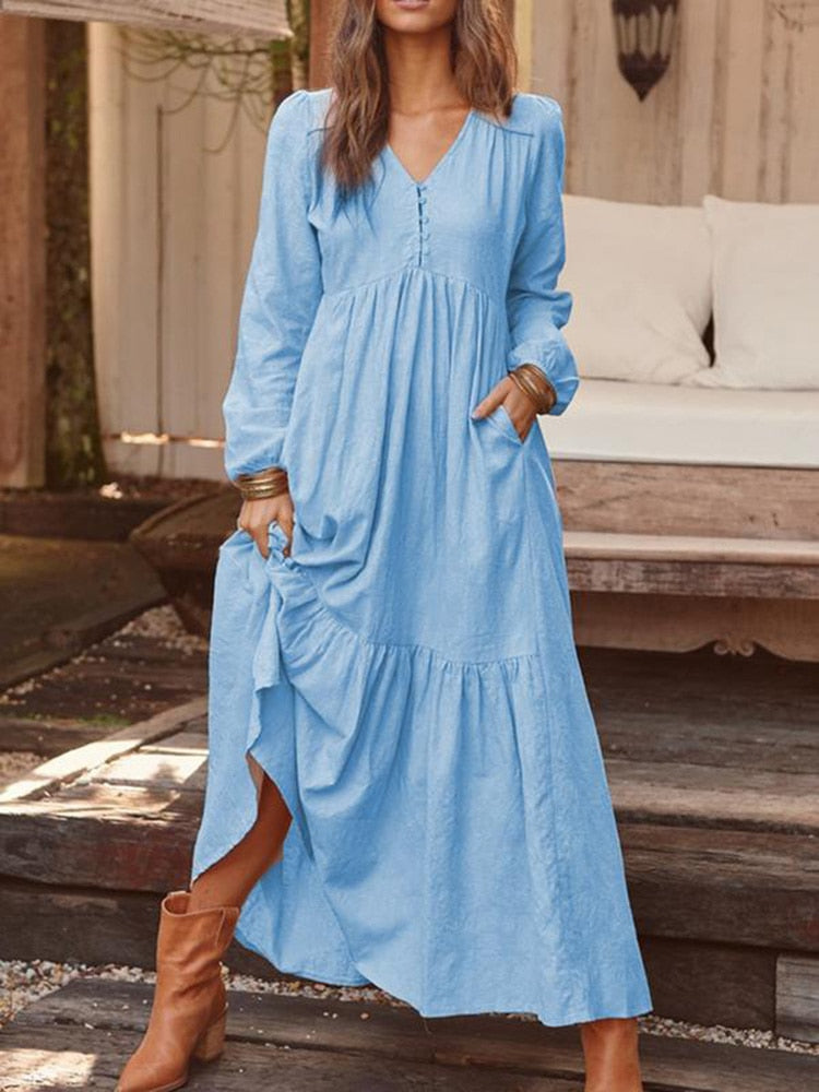 swvws Casual Long Linen Dress Women V Neck Cotton Maxi Dress Summer Vintage Long Sleeve Loose Dress Solid High Waist Big Swing Dress